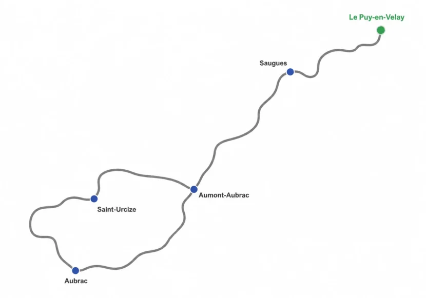 Carte du parcours Gravity, le Tour de l'Aubrac à vélo